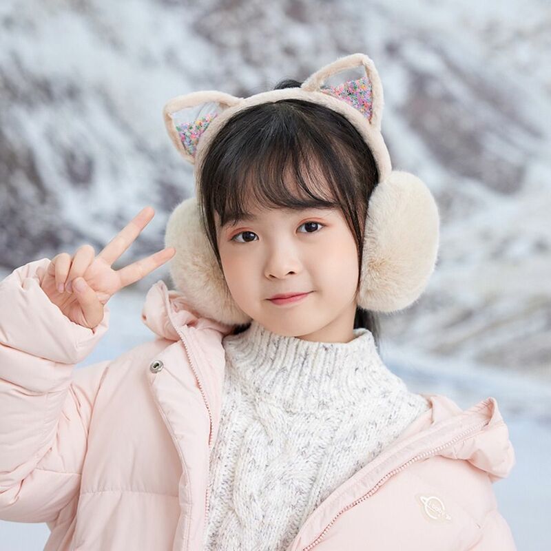 Cartoon Sequin Cat Ear Plush Earmuffs Children Winter Warm Foldable Earflap For Girl Boy Outdoor Anti-Wind Ear Warmer