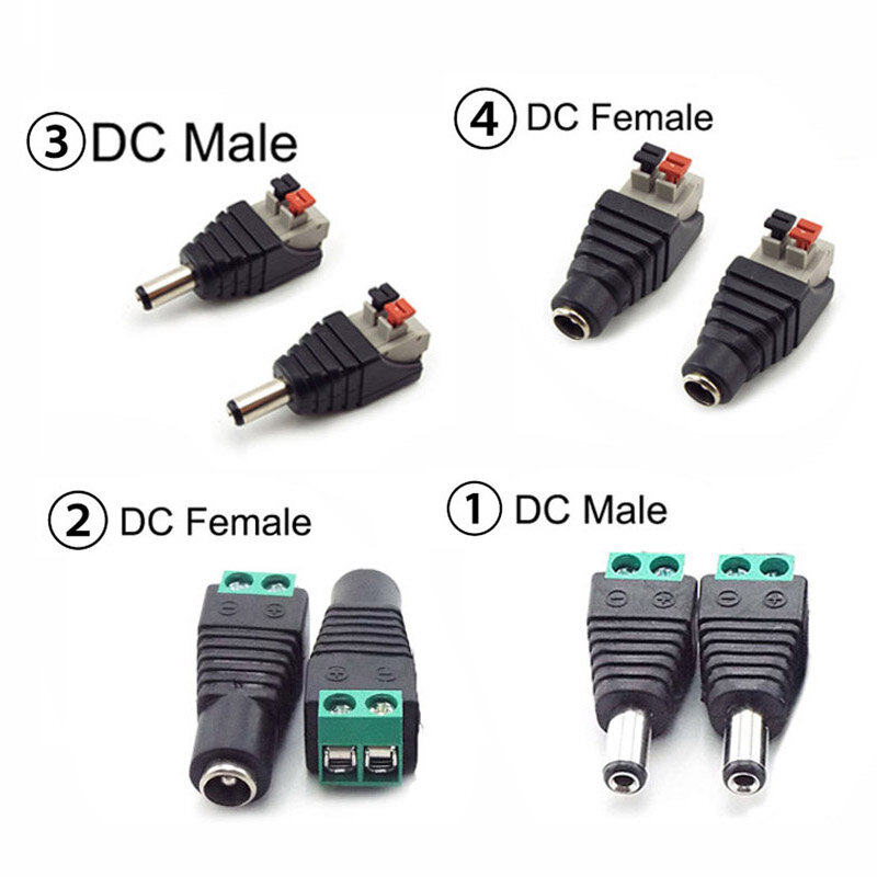 Masculino e feminino DC conector, adaptador de alimentação para câmeras CCTV, LED Strip Light, J17, 2,1 milímetros X 5,5 milímetros