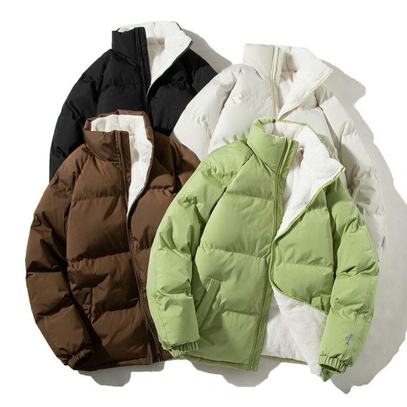 Zipper Closure Coat Winter Cotton Coat with Stand Collar Thickened Neck Protection Zipper Closure Men's Long Sleevele Solid