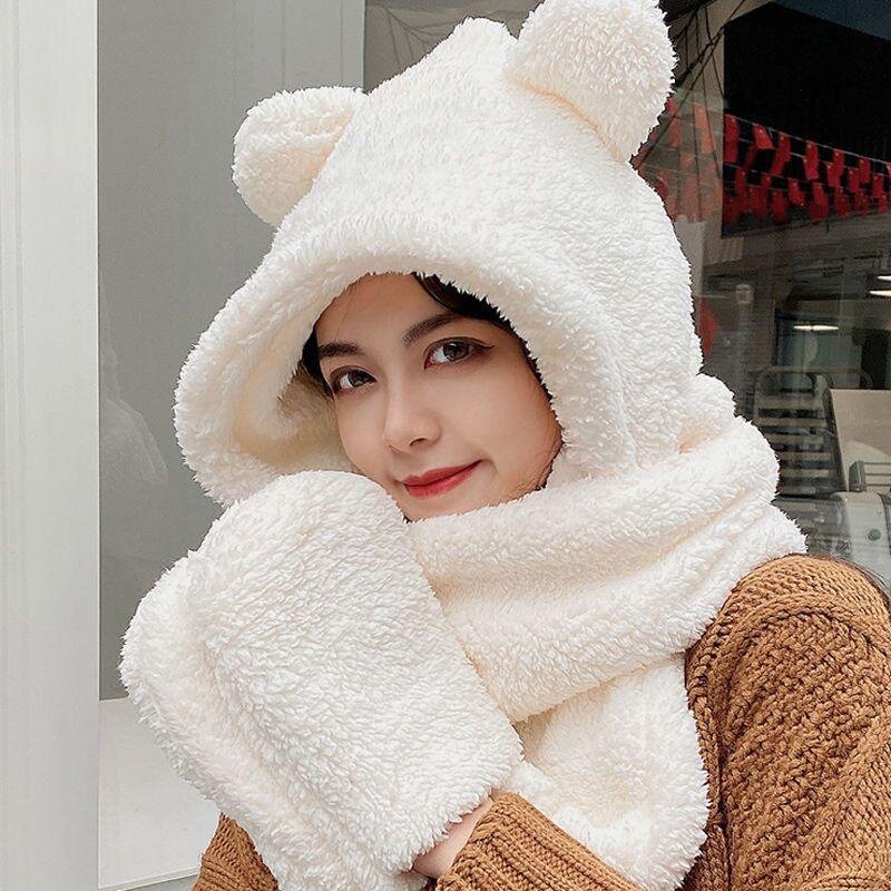 女性のためのかわいいクマの耳の帽子のスカーフと手袋のセット、暖かいカジュアルなぬいぐるみ、無地のフリース、秋、冬