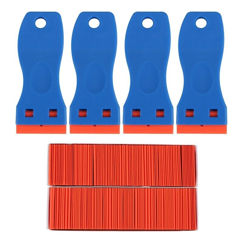 4 Pcs Plastic Razor Blade Scraper And 200 Pcs Blades, Remove Label Decal Tool For Stickers, Gaskets And Paints On Window