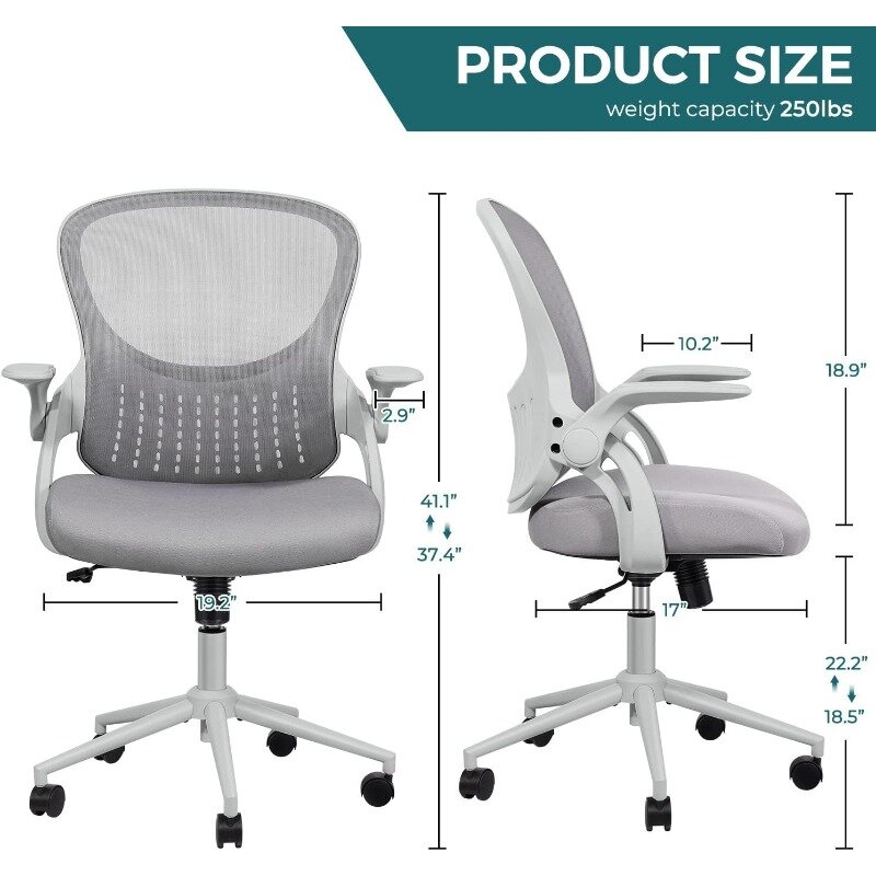 Cadeira ergonômica de mesa de jogos para escritório, cadeiras giratórias com braços flip-up, trabalho de rolamento de malha, cinza, adultos
