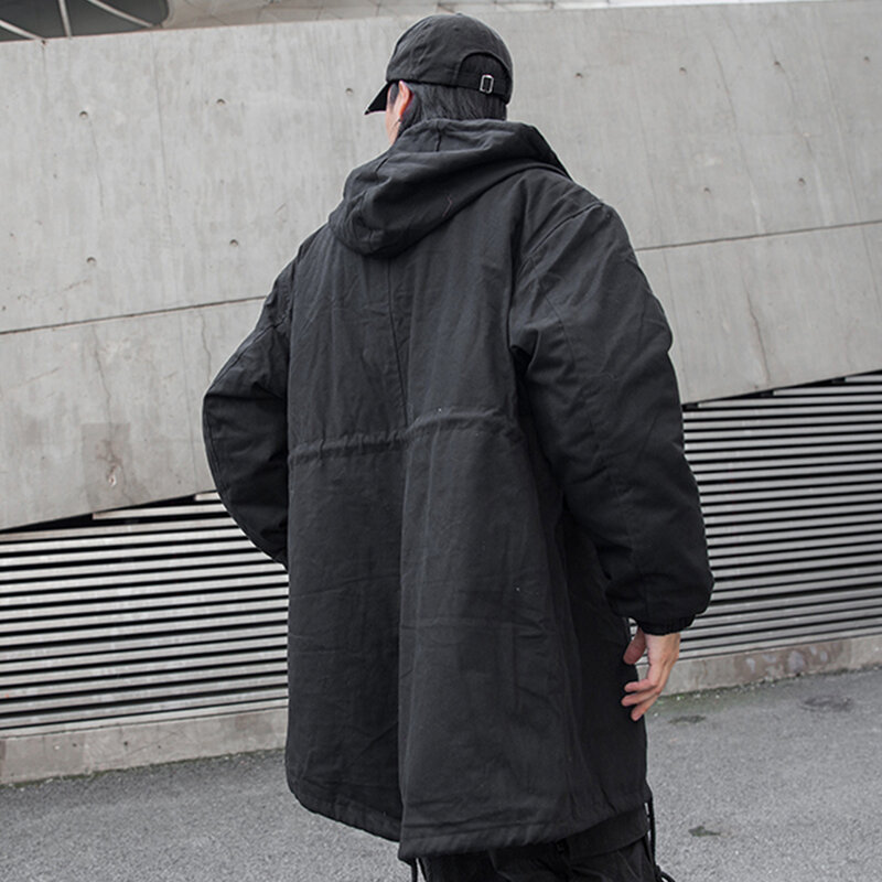Mantel Penahan Angin Pria Harajuku Techwear Jaket Parka Bertudung Jaket Musim Dingin Tebal Solid Hitam Pakaian Luar