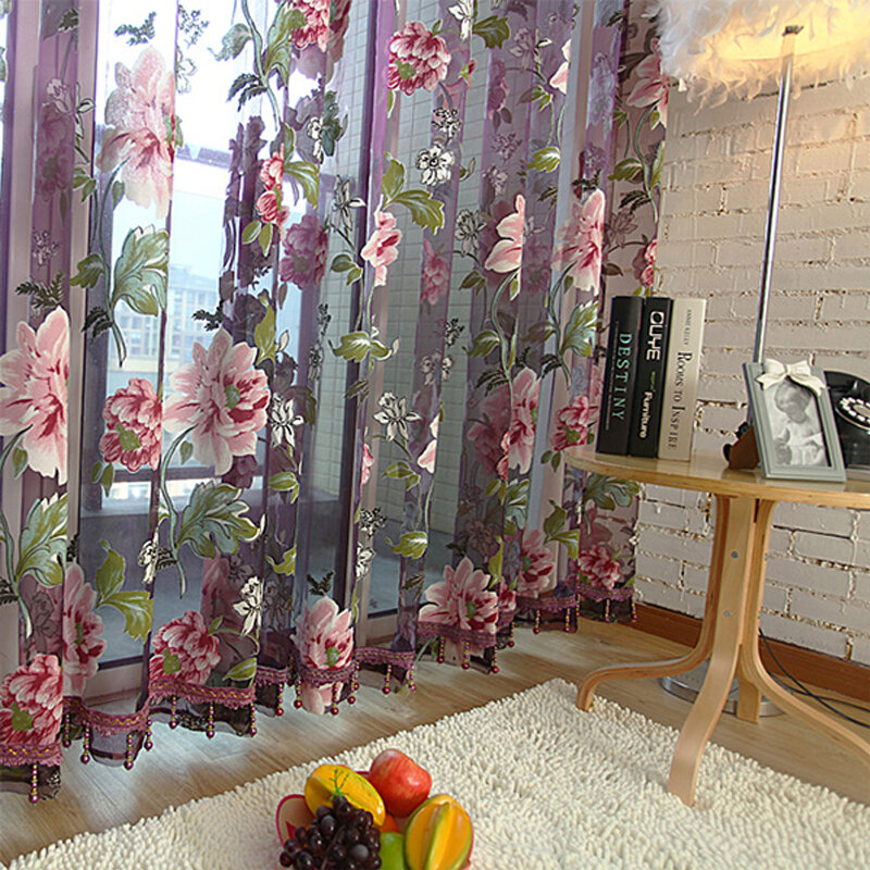 Cortinas florales de tul de 100x200cm, visillo con flores de peonía, divisor de puerta, ventana y habitación, cenefa, decoración