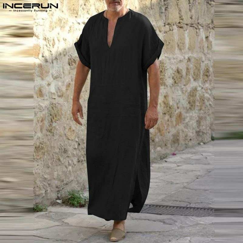 Casual Muslim Men's Robe INCERUN Simple Solid All-match Small V-neck Jubba Thobe Comfortable Long Short Sleeve Robe S-5XL 2023