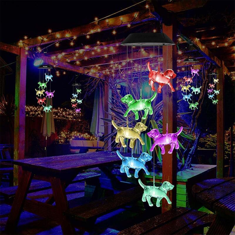 Solar Wind Chime LED Light, Luzes coloridas, Decoração de jardim, Home Supplies, String, Dog, R8I0