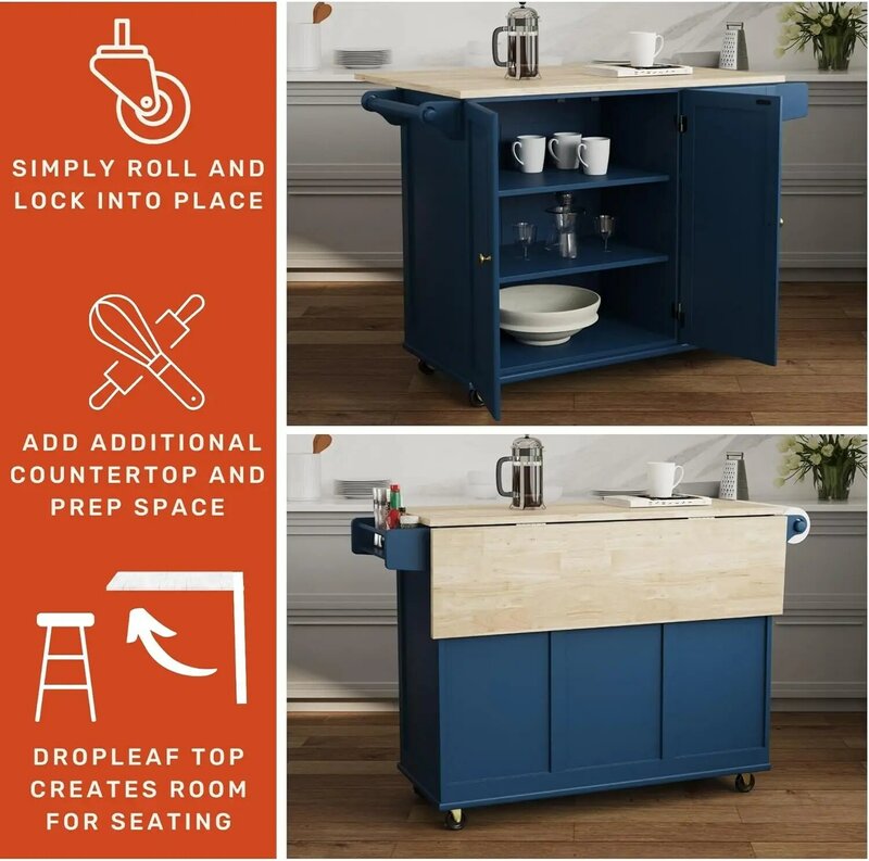 عربة جزيرة مطبخ متنقلة مع سطح خشبي وقطرة ، بار الإفطار ، الأزرق ، الإقامة المنزلية الجديدة ، الولايات المتحدة الأمريكية