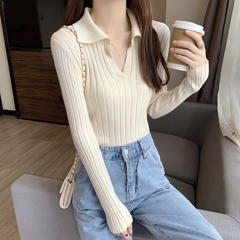 Rimocy estilo coreano blusas com decote em v feminino outono inverno manga comprida tricô pullovers mulher 2021 sólido fino ajuste jumpers senhoras
