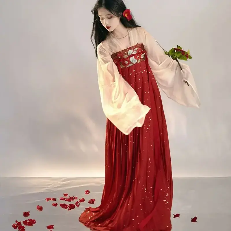Vestido hanfu chinês para mulheres, fantasia antiga, camélia, palácio, estampa bordada, manga grande, conjunto completo