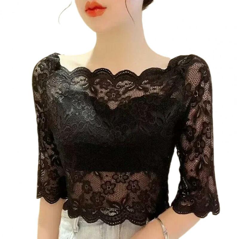 Women Tops Stylish Women's Summer Lace Tops Embroidered Cropped Blouse Floral Tee Shirt See-through Pullover