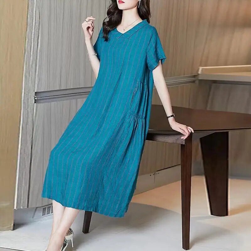 Fashion Lapel Printed Folds Striped Casual Dresses Women's Clothing 2024 Summer New Oversized Commuter Loose Midi Dress