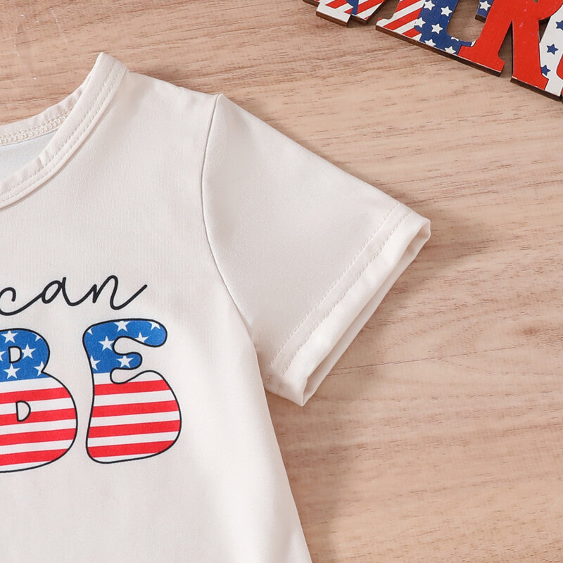 Lioraitiin Baby Girls 4th of July Clothes Set Short Sleeve Letters Tasseled T-shirt with Stars Print Shorts and Hairband Set