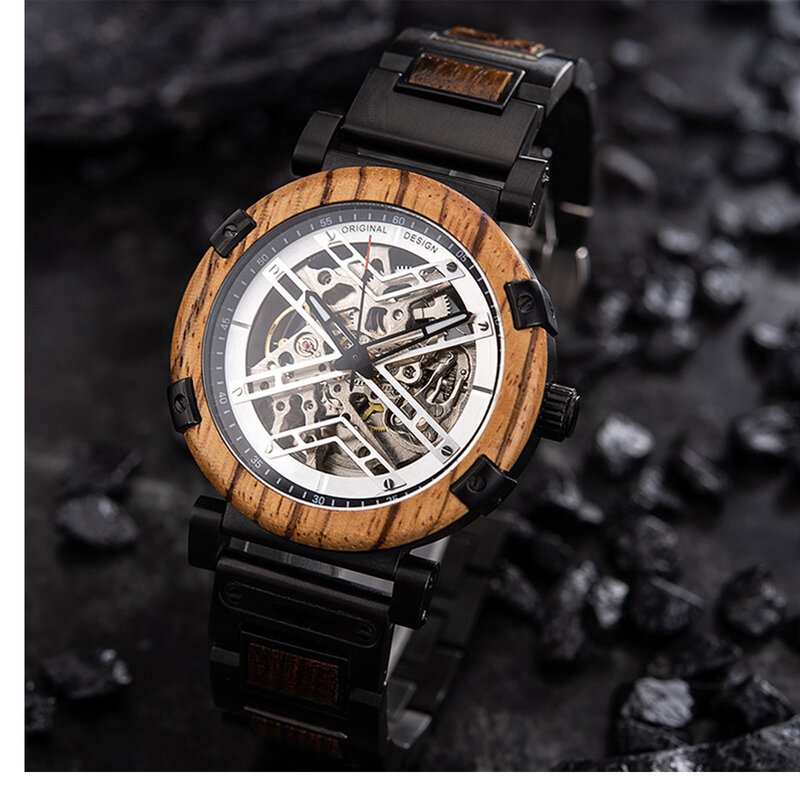 Jam tangan kerangka penunjuk mekanik pria, arloji bisnis Punk besar bercahaya dengan kombinasi baja tahan karat kayu, hadiah yang dipersonalisasi