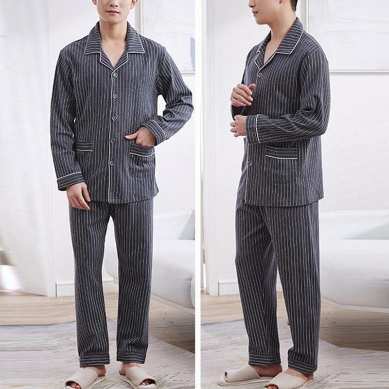 Мужской пижамный комплект, непринужденный костюм для отдыха, полосатый мужской пижамный комплект с отложным воротником и широкими штанинами для осени, удобный
