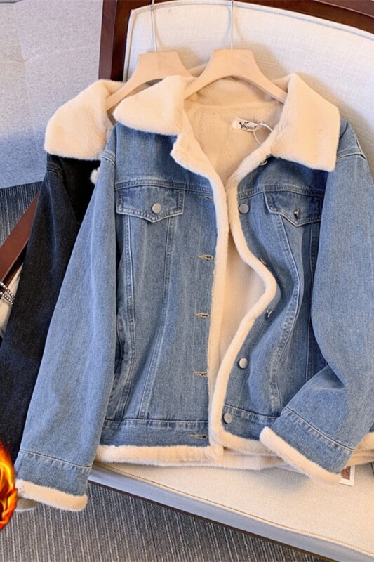 Утепленное джинсовое пальто большого размера, новинка 2023, Женская плюшевая однобортная куртка-поло с воротником, Повседневная модная теплая верхняя одежда