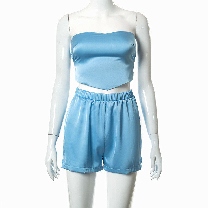 Shorts sexy sem alças de duas peças para mulheres, sem costas azuis, tanques ocos, traje de treino, roupas combinando, 2021