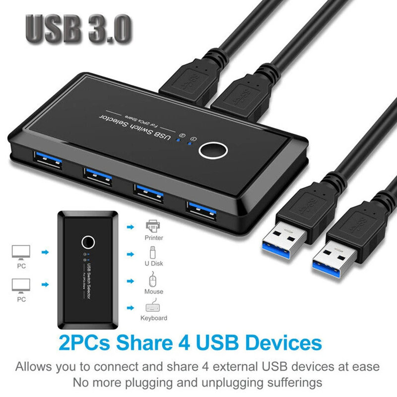USB KVM Switch Connector, USB 3.0, 2.0, Adaptador Switcher, 2 Portas PC, Compartilhamento 4 Dispositivos, Hub USB para Teclado, Mouse, Impressora, Monitor