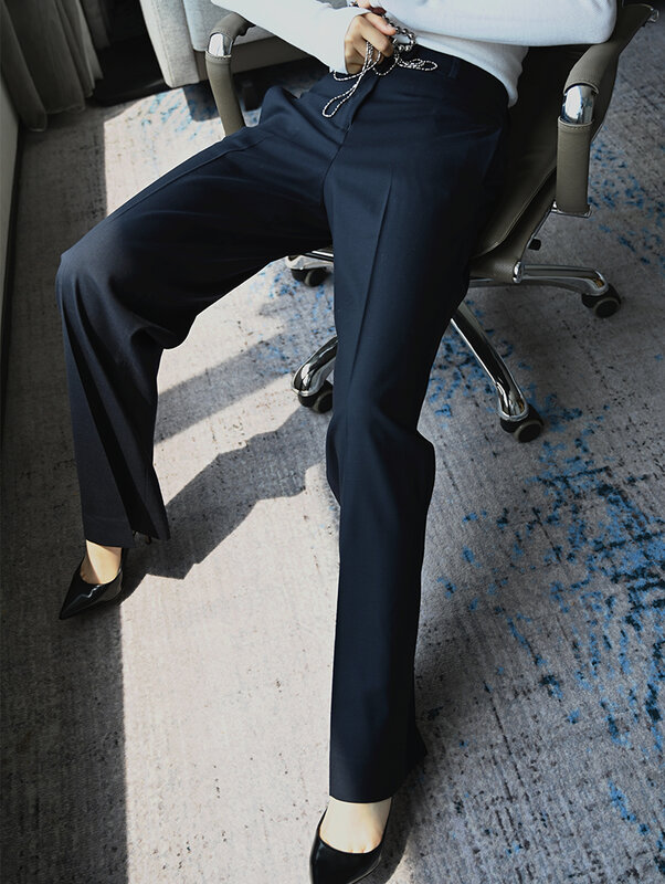 Платье-костюм mimibluemoins7 с широкими штанинами из шерсти, элегантные черные темно-синие офисные брюки полной длины со средней талией, бесплатная доставка OL