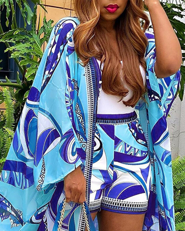 Abstract Print Batwing Sleeve Cardigan & Shorts Set Women Summer Batwing Sleeve Open Front Cardigan & Shorts Set Two Pieces Set