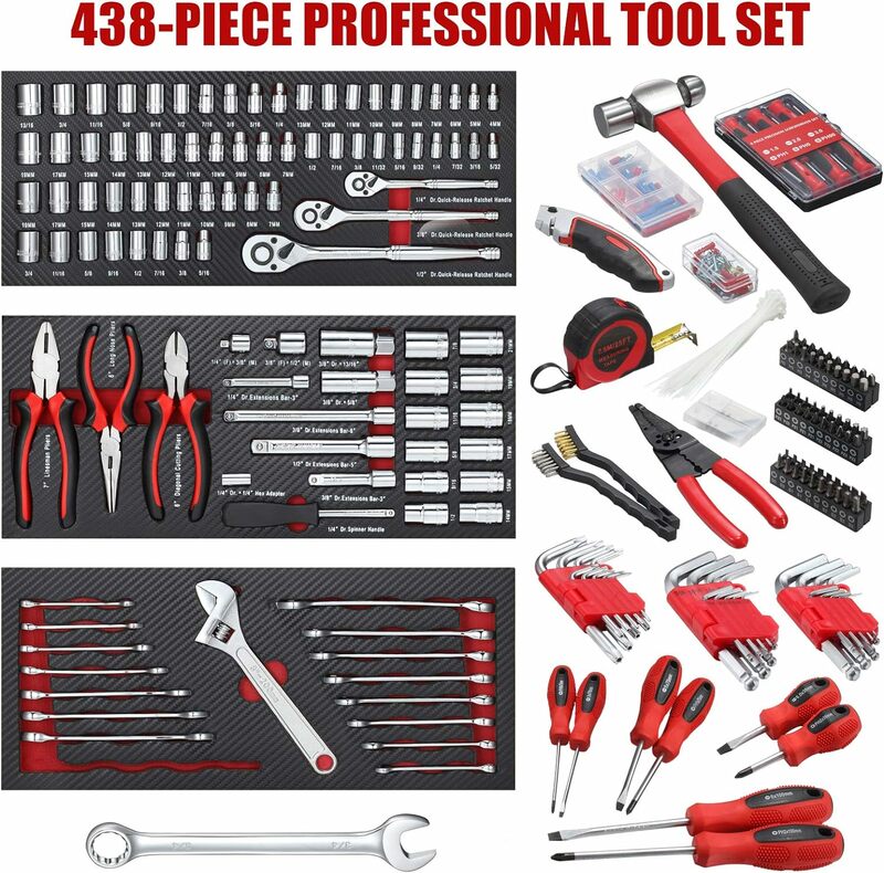 ARUCMIN 438-Piece Mechanics Tool Set with 3-Drawer Heavy Duty Metal Box Repair Tool Kit