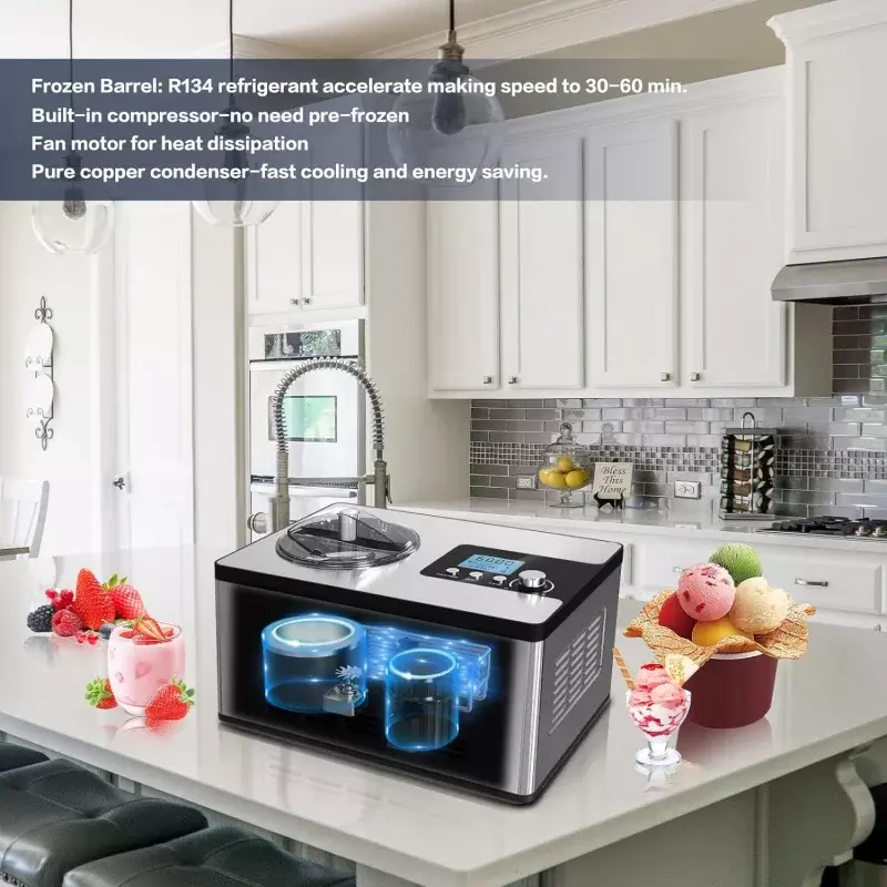 Homtone mesin pembuat es krim, pembuat es krim otomatis tanpa pra-beku 2.1 Quart dengan kompresor bawaan dan pengatur waktu LCD untuk pembuatan
