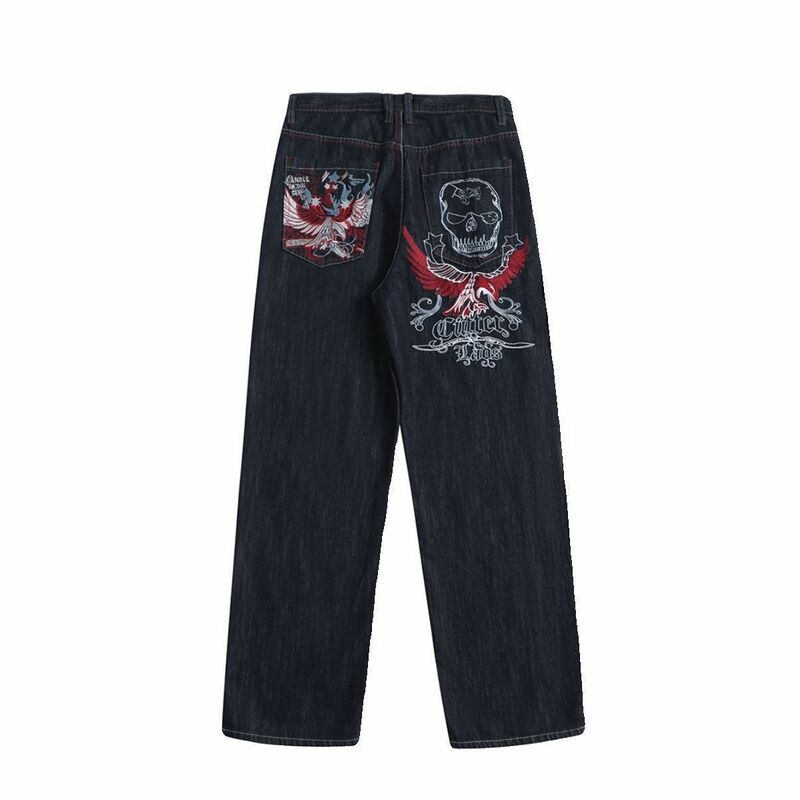 Jeans casuais soltos bordados com crânio americano para homens e mulheres, calças jeans largas largas de cintura alta, calças Y2K