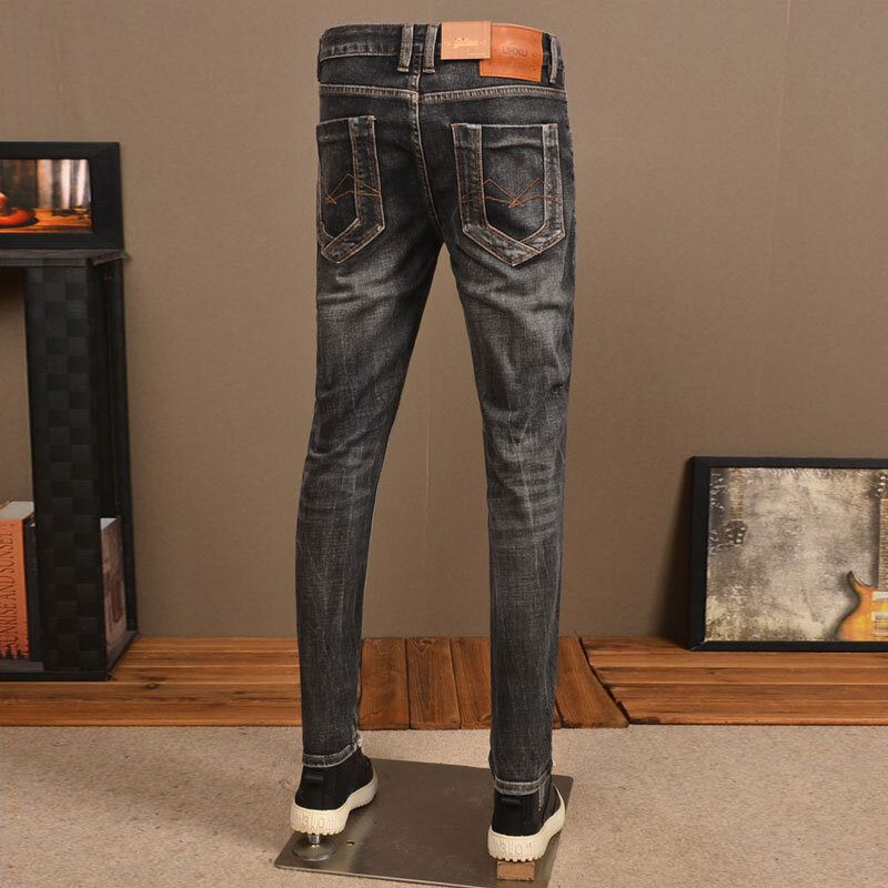 Modne męskie jeansy w stylu Streetwear wysokiej jakości Retro czarny szare rozciągliwe dopasowanie pasujące do porwane jeansy mężczyzn w stylu Vintage spodnie dżinsowe Hombre