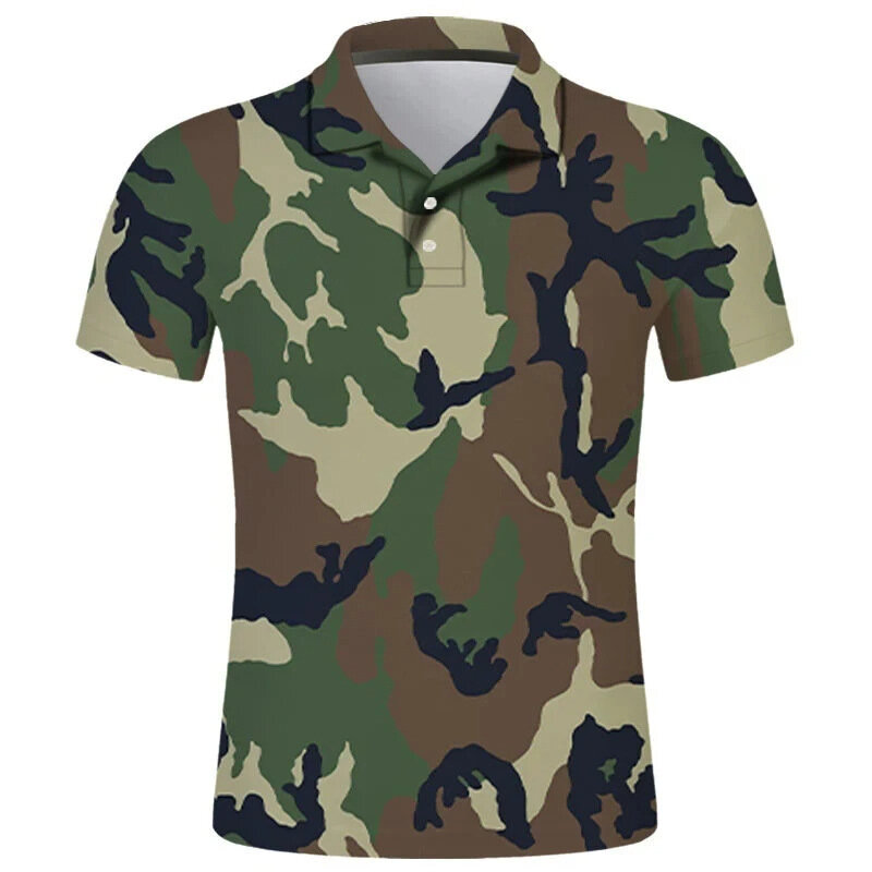 Camuflagem dos homens 3D impresso camisas polo, Camisas masculinas personalizadas, Top de lapela de manga curta, roupas