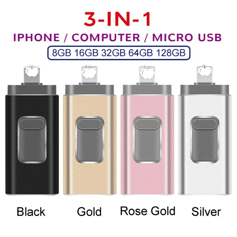 Unidade Flash USB para iPhone, Tablet Android, PC Pendrive, OTG USB 3.0, 3 em 1, 32GB, 64GB, 128GB