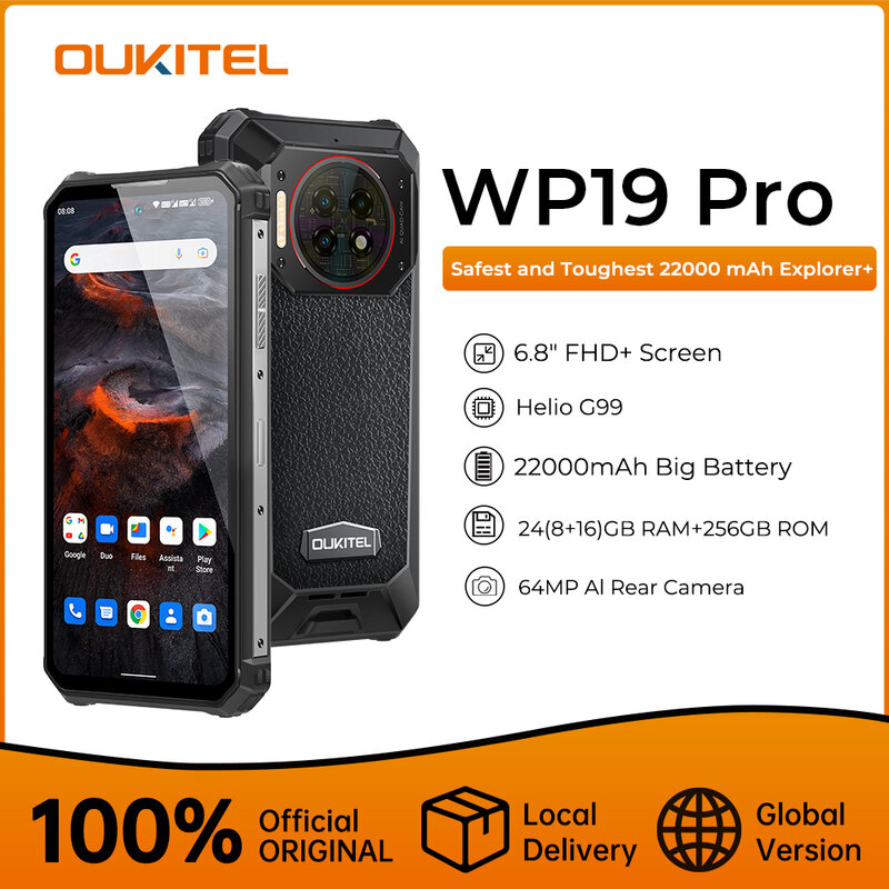 Oukitel WP19 Pro baterai 22000mAh, baterai 24GB 256GB 64MP kamera belakang 120Hz Helio G99 33W pengisian daya Cepat