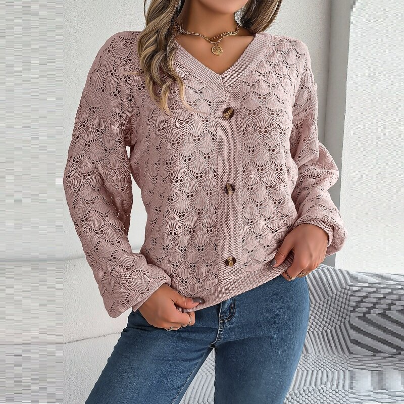 Casual Loose Knitted Sweater Pullover for Autumn/Winter Women's Pullovers New V-neck Button Hollow Full Lantern Sleeve Sweaters