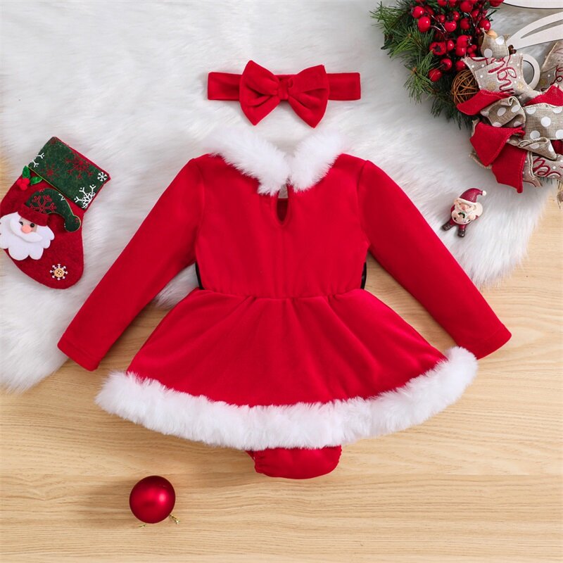 Suefunskry-Conjunto de ropa de Navidad para niñas, Pelele de terciopelo de manga larga con ribete de piel y Diadema, para recién nacidos de 3 a 24 meses