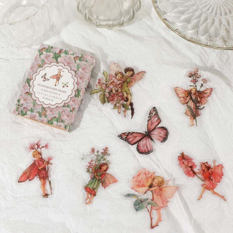 40/45pcs/box Fairy Butterfly Waterproof PET Stickers Vintage Flower Elfin Decorative Label for Scrapbooking Journal