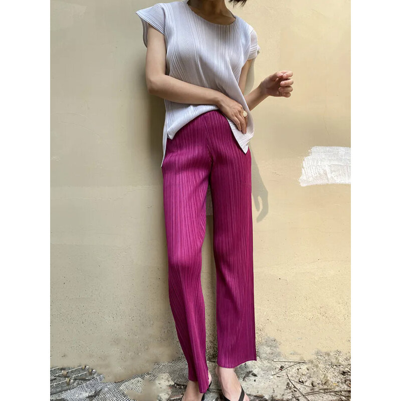 Miyake Pleated Pants Women Fall Clothing New Color Korean High Waist Elegant Casual Classic Basic Ankle-Length Straight Pants