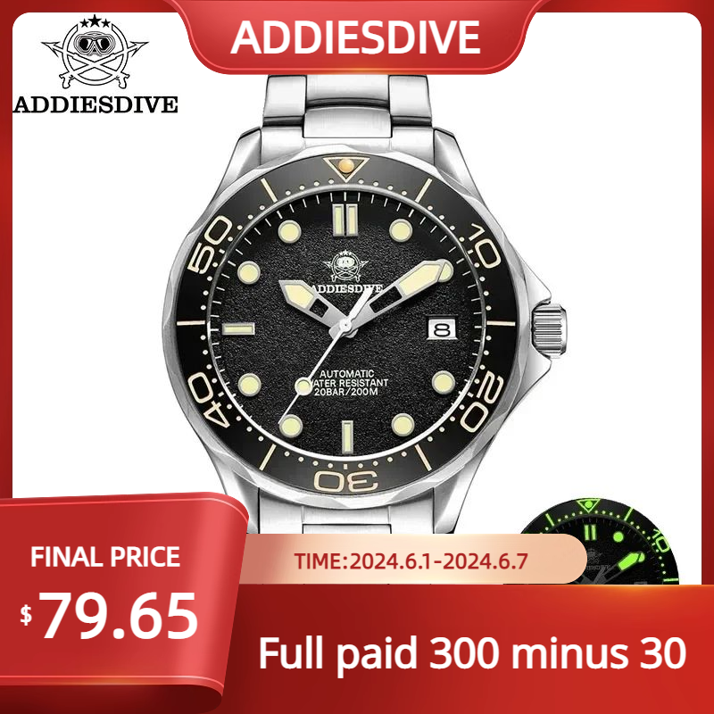 ADDIESDIVE ze stali nierdzewnej AD2106 Dive automatyczny zegarek mechaniczny luksusowy szafirowy kryształ 200m wodoodporny świecące zegarki męskie