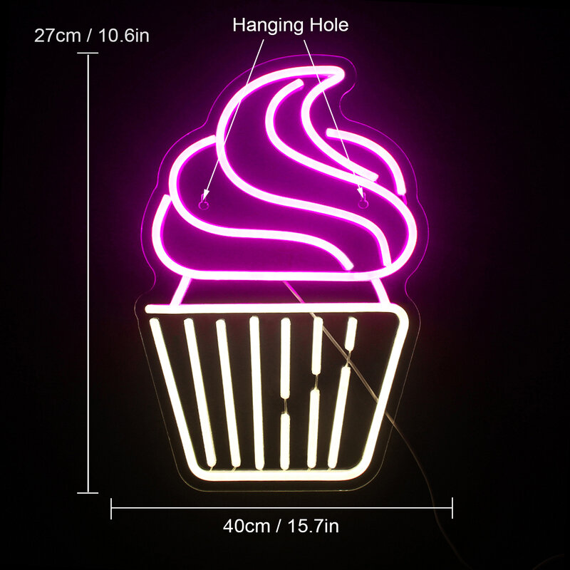 Big Ice Cream Neon Sign Luzes LED, Logo Sobremesa Aberta para Cafe Shop, Bares para Casa, Festa Festival, Decoração do quarto pendurado, Lâmpada de parede USB