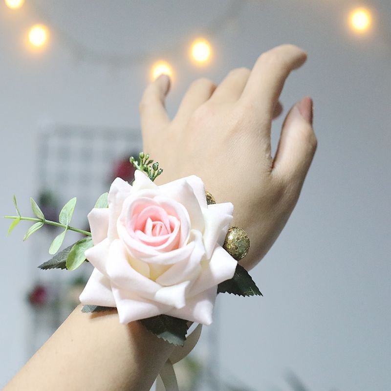 Kain mawar pergelangan tangan korsase pengiring pengantin pernikahan gelang kain pengantin buatan bunga tangan palsu untuk tamu pesta aksesoris