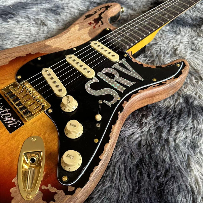 Gealterte alte Hand Relikte srv E-Gitarre mit Erle Körper Palisander Griffbrett Gold Farbe Hardware Versand schnell