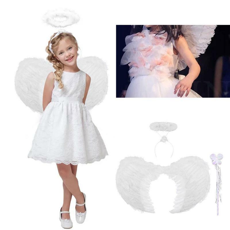 Kostum Cosplay sayap bulu putih, Set kostum panggung, topeng karnaval, Gaun mewah liburan