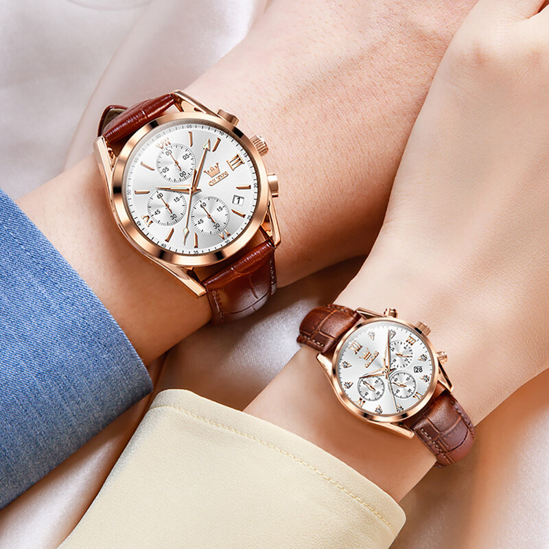 OLEVS-Reloj de pulsera de cuarzo resistente al agua para hombre y mujer, cronógrafo con correa de cuero, diseño de pareja, regalo