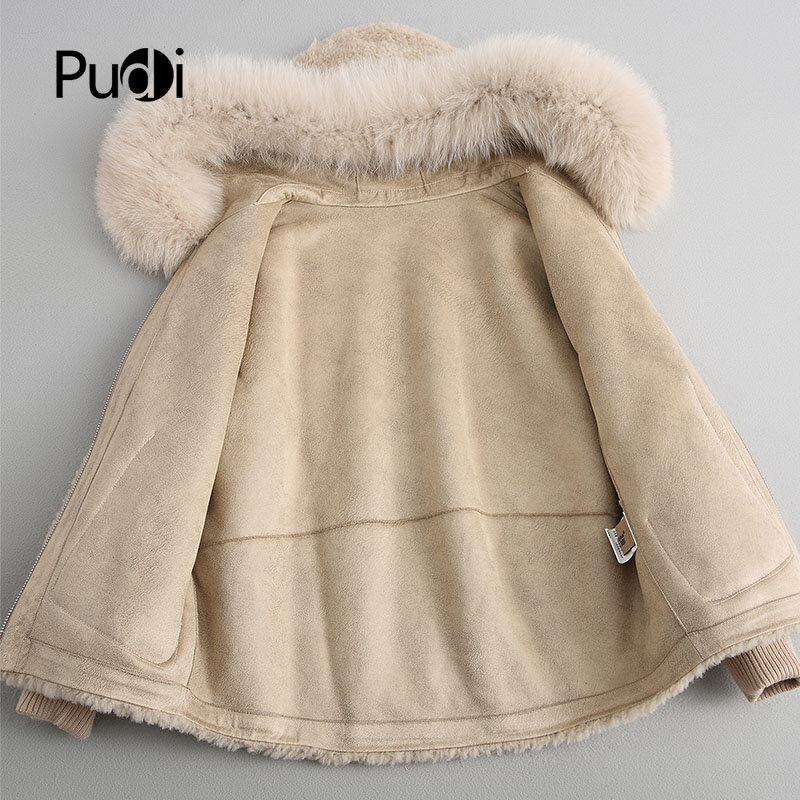 PUDI-abrigo largo de lana de zorro Real para mujer, chaqueta cálida con capucha, abrigo de invierno, A18103