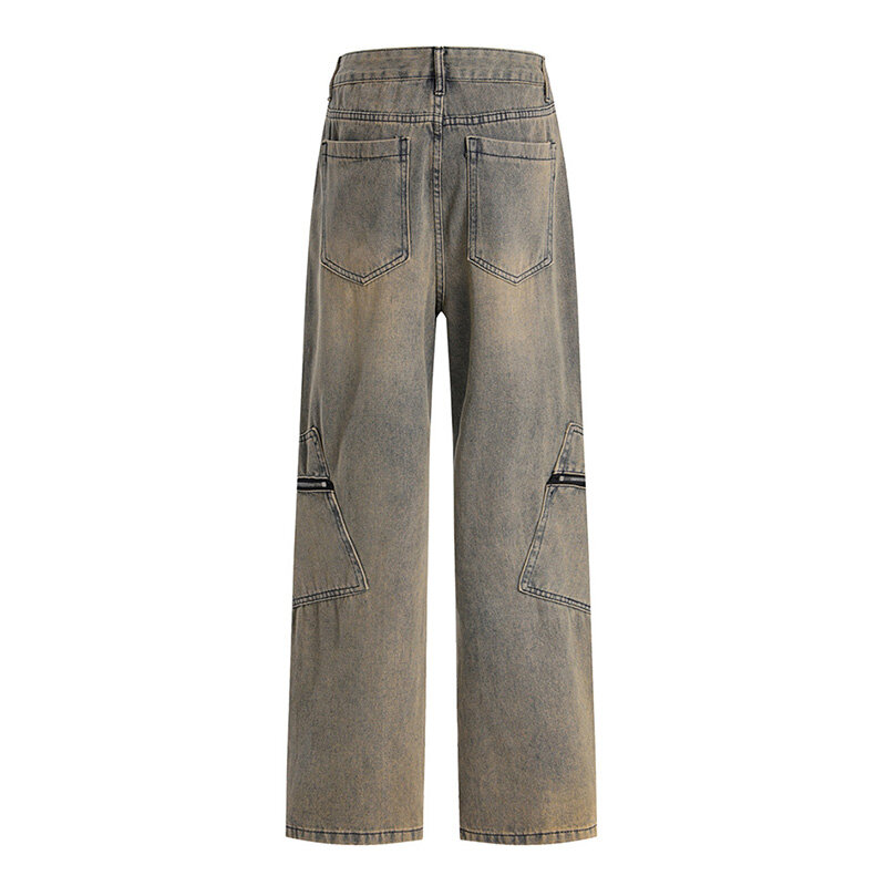 Hiphop Vintage Cargo Jeans Broek Multi Pockets Rechte Baggy Denim Broek Voor Heren Patchwork