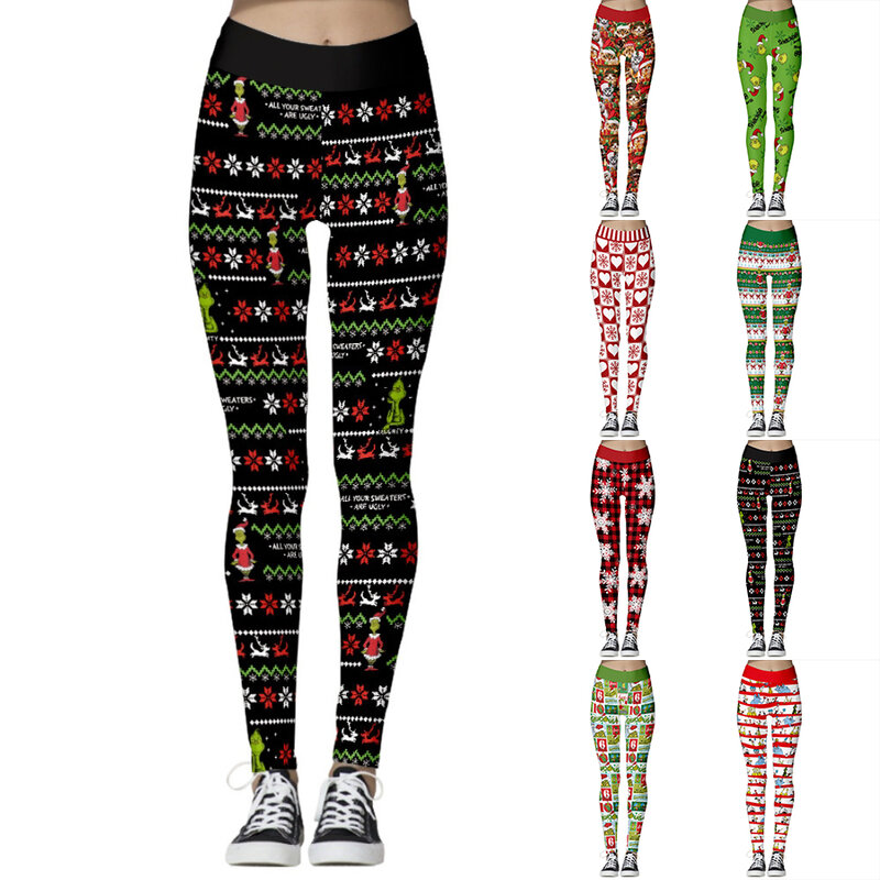 Vestido de Navidad de cintura alta para mujer, pantalones de Yoga con realce de cadera, Control Abdominal, ejercicio, Leggings para correr, XS-8XL