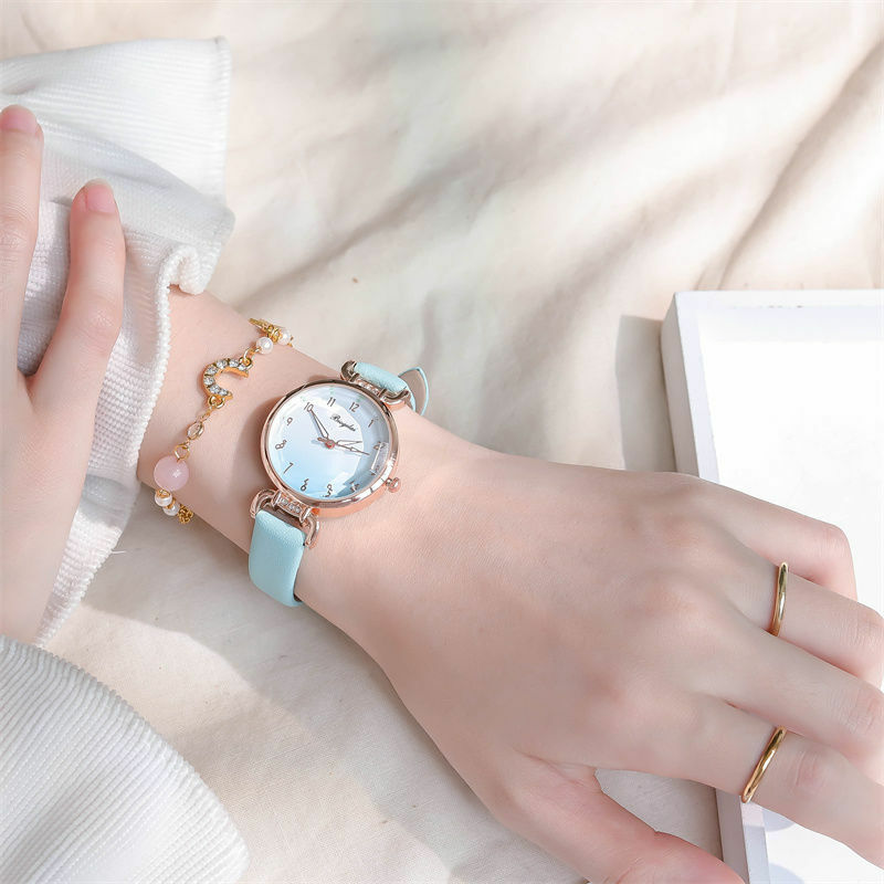 ใหม่นาฬิกามูลค่า Gradient สีแฟนตาซีสีชมพูสาวนักเรียนหนัง Rhinestone นาฬิกาควอตซ์เด็กใหม่ปีของขวัญ Reloj