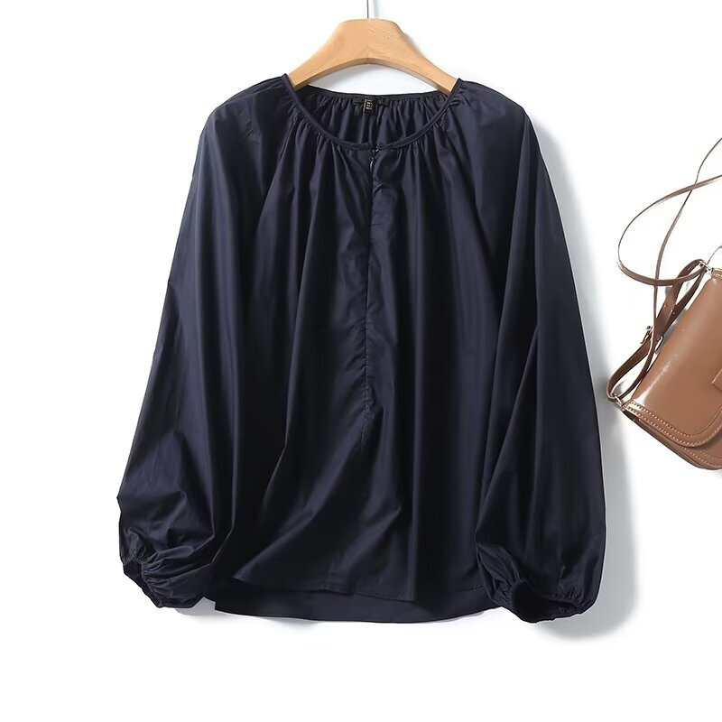 Camisa casual solta de algodão feminina, moda minimalista, tops murchos primavera, blusa feminina, cor da marinha