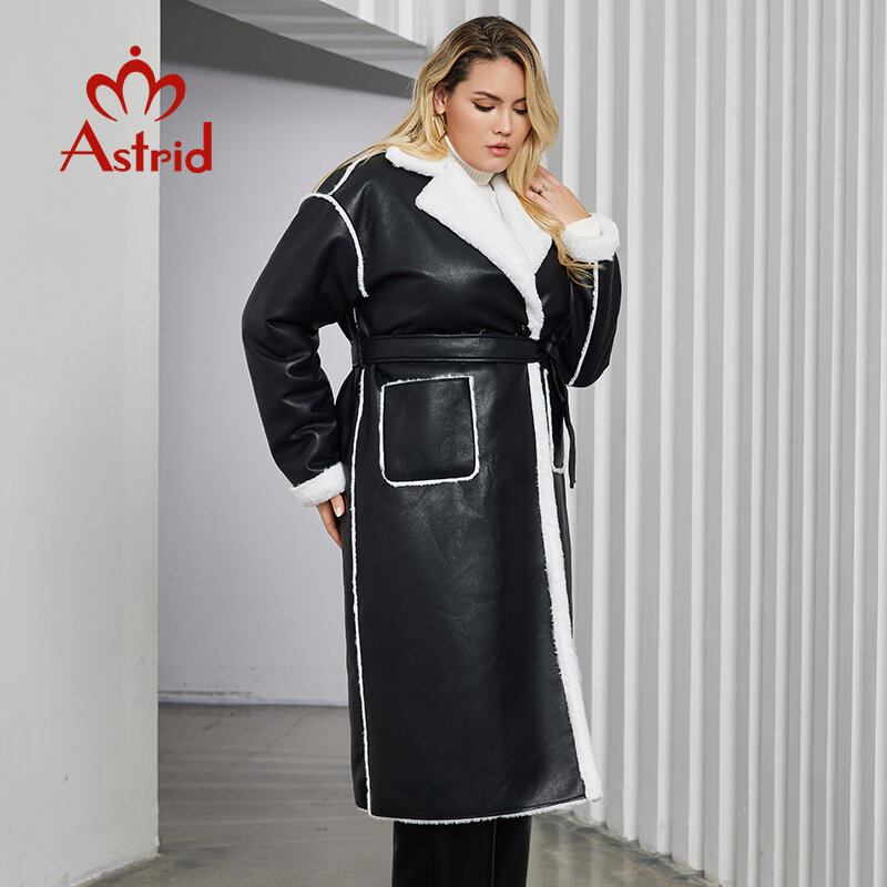 Astrid 2023 Winter Faux Leather Jacket Women Plus Size Long Warm Plush Collar Padded Coat Fashion Pocket Cotton Female Parkas