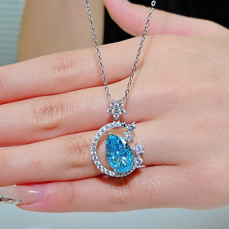 Blaue Topas Kristall Zirkon Diamanten Edelsteine Mond Sterne Form Anhänger Halsketten für Frauen Mädchen Frau Freundin Schmuck Geschenke neu