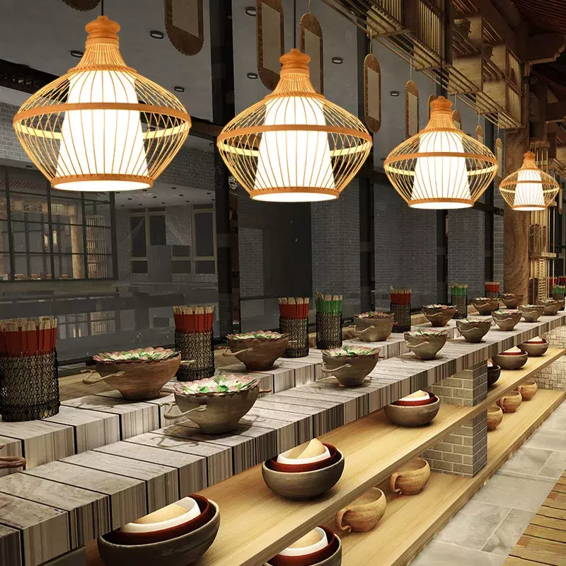 Chinese Bamboo Art Pendant Lamp Tea Room Lantern Hot Pot Shop Homestay Weaving Personalized Restaurant Retro Bamboo Weaving Lamp