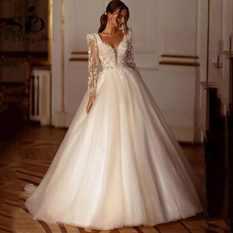 아름다운 웨딩 드레스 가운 레이스 아플리케, 긴 소매 V넥 푹신한 걸레질 신부 A 라인 포켓, 백리스 우아한 새로운 2023