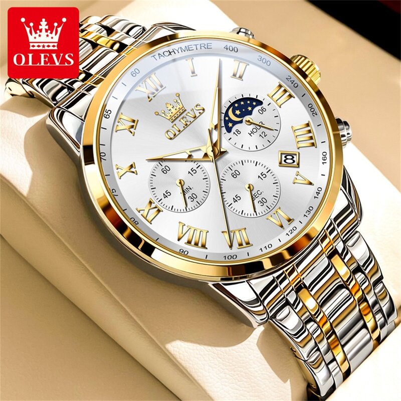 OLEVS-Montre à quartz chronographe en cuir pour homme, montres étanches, horloge à calendrier, marque supérieure, mode de luxe
